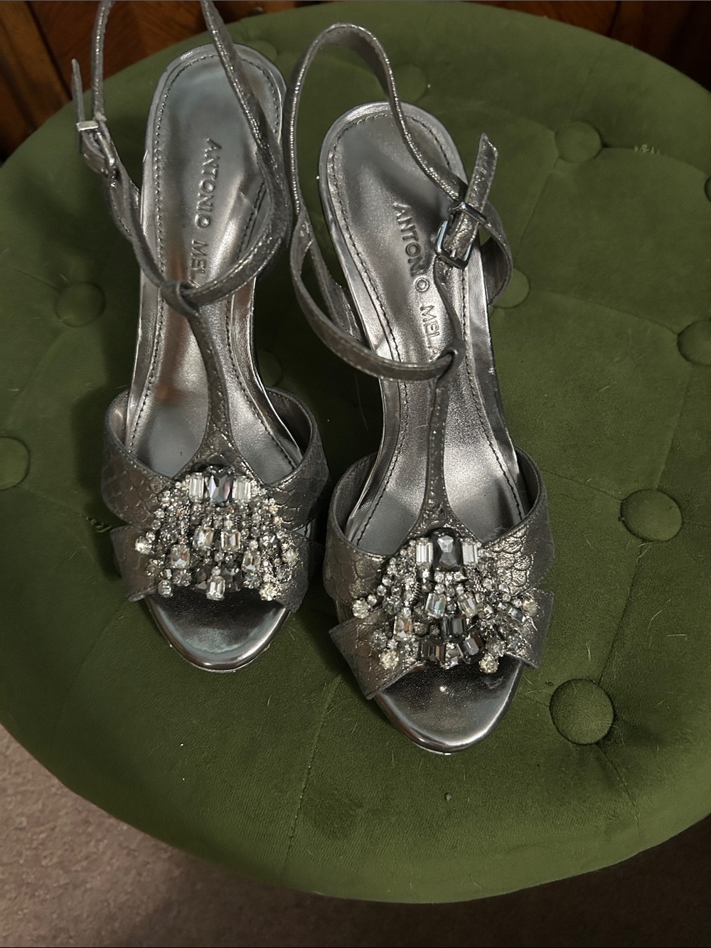 ANTONIO MELANI Silver Jeweled T-Strap High Heels